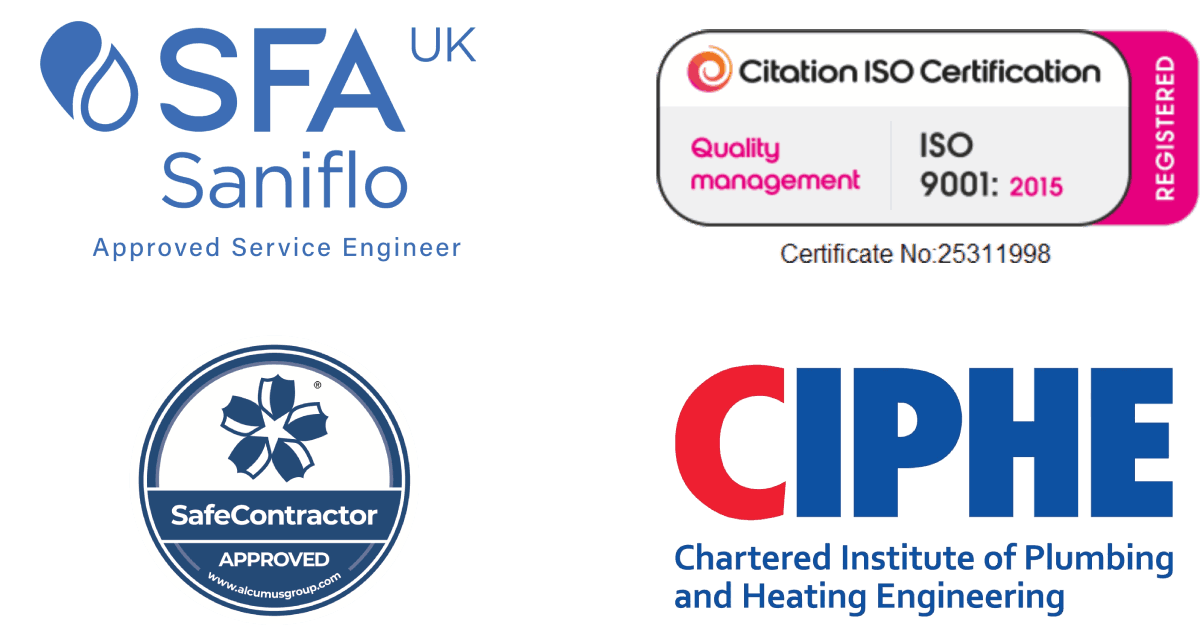 Fully Certified and Saniflo approved engineers - ISO 9001:2025 - SafeContractor - CIPHE