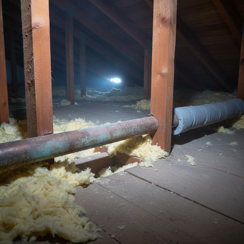Uninsulated copper pipe running through a draughty loft space, showing a section at risk of freezing.