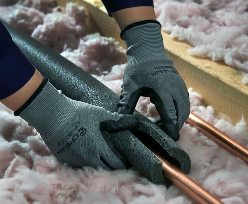 A close-up image showing gloved hands placing split, dark gray foam insulation sleeves over two parallel, shiny copper pipes. The scene is in an attic setting, with the pipes resting on light-colored fibrous insulation, and a wooden plank visible in the background.