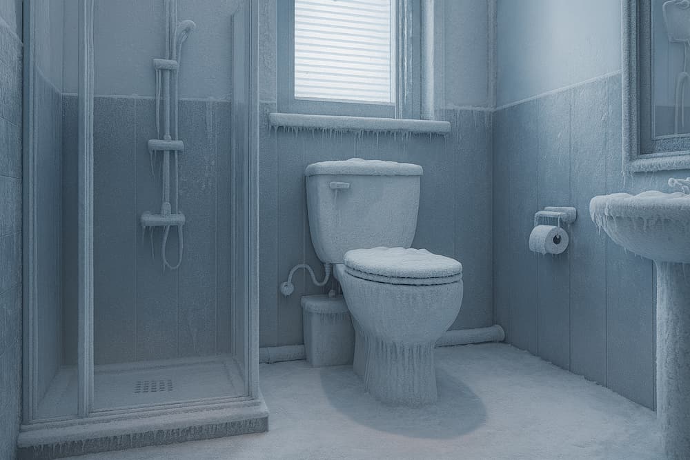 Frozen bathroom showing a Saniflo system and toilet covered in ice, illustrating Saniflo freezing issues.