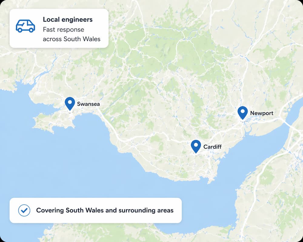 Map of South Wales showing Cardiff, Swansea and Newport with coverage across surrounding areas