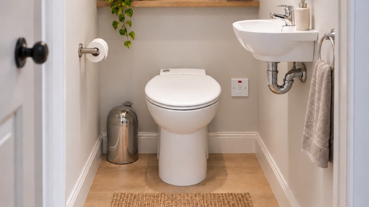 Saniflo Sanicompact in a small UK cloakroom, showing a typical installation and fused spur connection