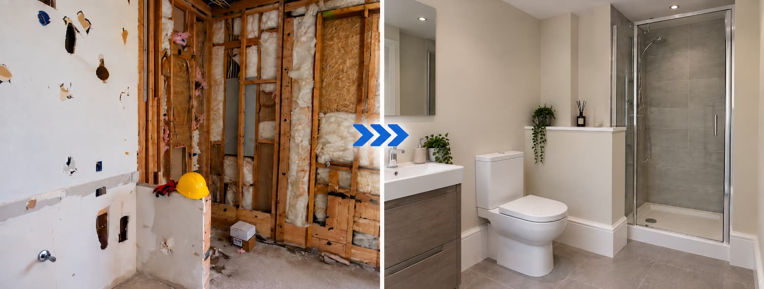 Before and after bathroom renovation showing a Saniflo installation transformation